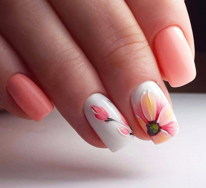 rose corail nail art facile printemps