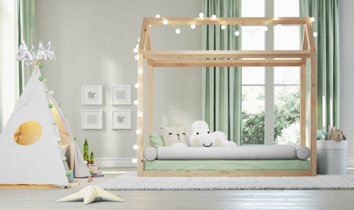 lit cabane montessori chambre enfant en blanc vert et gris