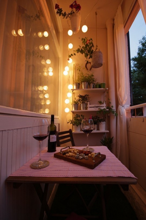 éclairage balcon garde-corps avec rideaux