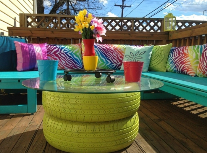 déco jardin récup table basse pneu