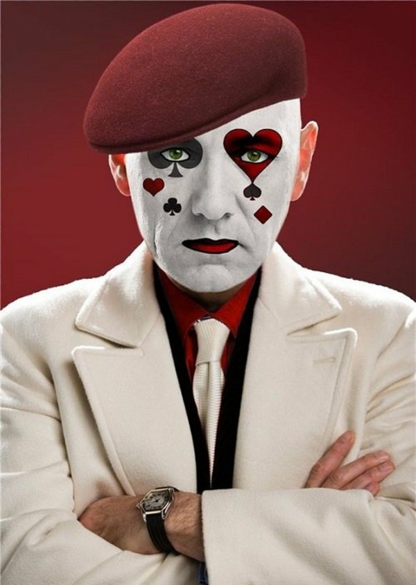 idée de maquillage halloween homme facile mime au visage blanc décoré de motifs cartes à jouer maquillage halloween homme mime motif cartes à jouer