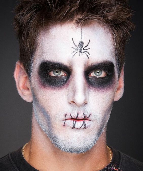 idée de maquillage halloween homme facile peinture blanche et noire maquillage halloween homme zombie avec araignée sur le front
