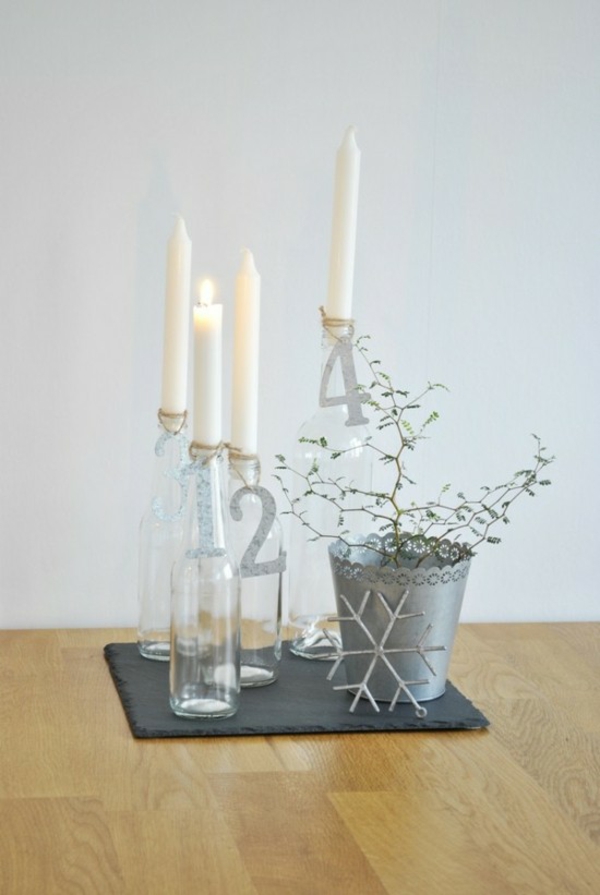 couronne de l'avent bougies blanches bouteilles en verre