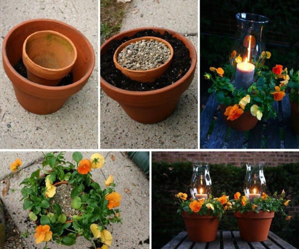 bricolage jardin avec des pots en terre cuite bougeoir