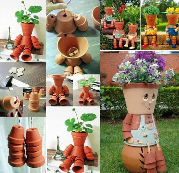 bricolage jardin avec des pots en terre cuite figurine