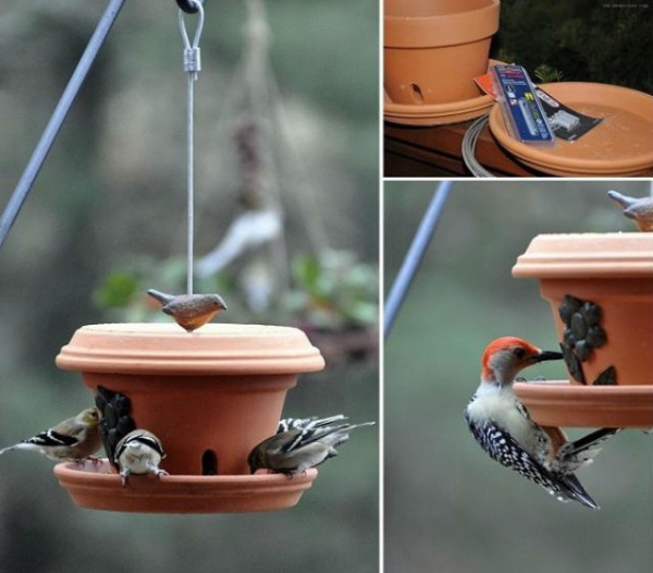 bricolage jardin avec des pots en terre cuite mangeoire oiseaux