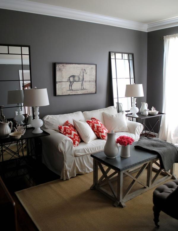petit salon gris anthracite plafond blanc canapé blanc table industrielle tapis brun clair petit salon gris anthracite canapé blanc