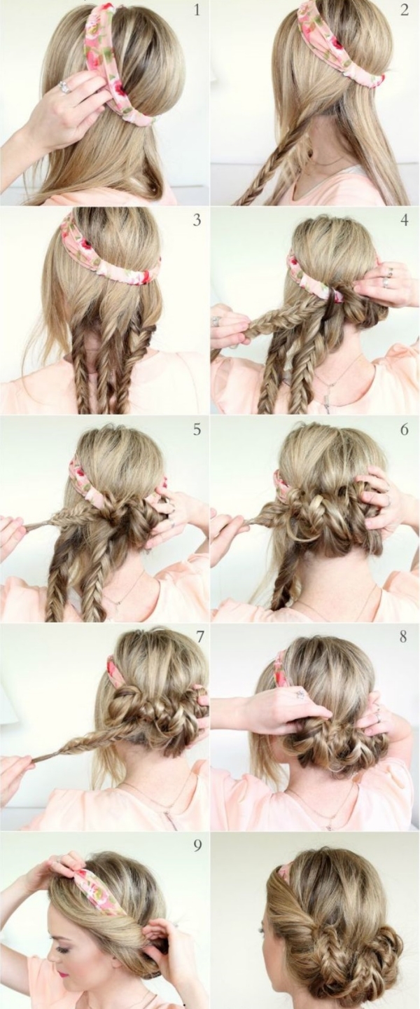 coiffure avec foulard tresses enroulées en chignon bas