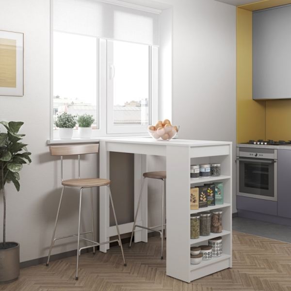 modele de table bar avec rangement vertical dans une cuisine gris et jaune