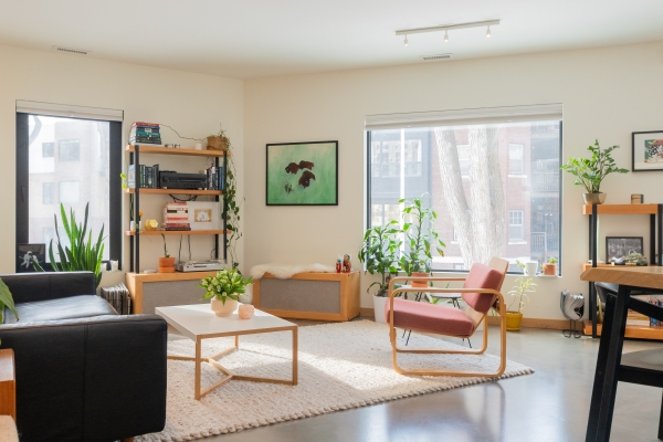 amenagement de salon avec meubles en bois et accents verts