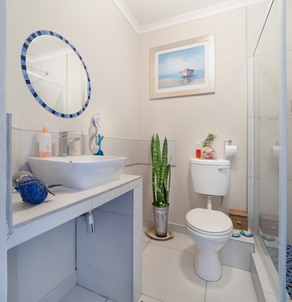 idée de salle de bain blanc cassé avec toilette et lavabo blanc, plante salle de bain amenagement petite salle de bain couleur blanc cassé, miroir rond, toilette carrelage sol blanc