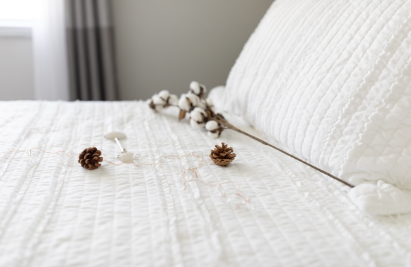 choix literie confort lit oreiller couverture blanche coton branche décoration de lit cocooning avec draps blancs et oreillers