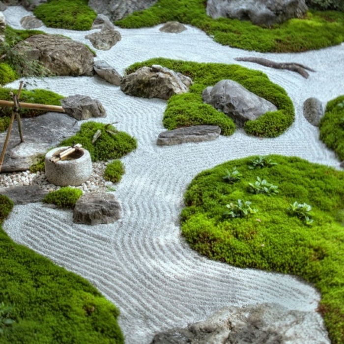 jardin zen avec des allées de sable