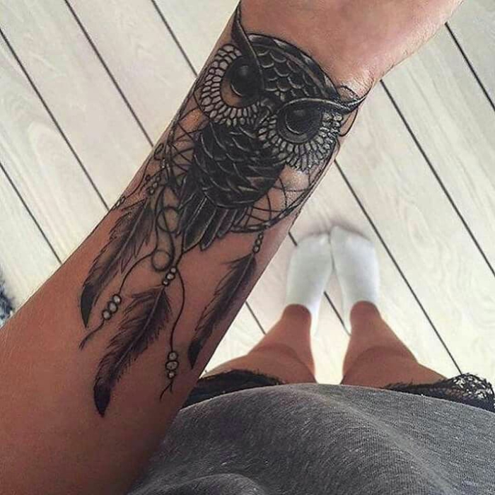 tatouage mandala hibou attrape-rêve
