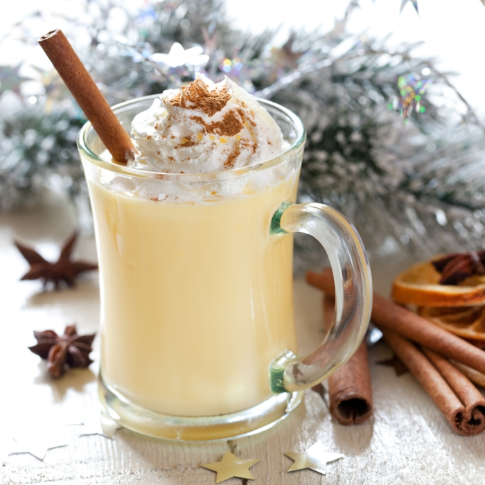 Fresh eggnog in a glass mug with wintry branches and spices