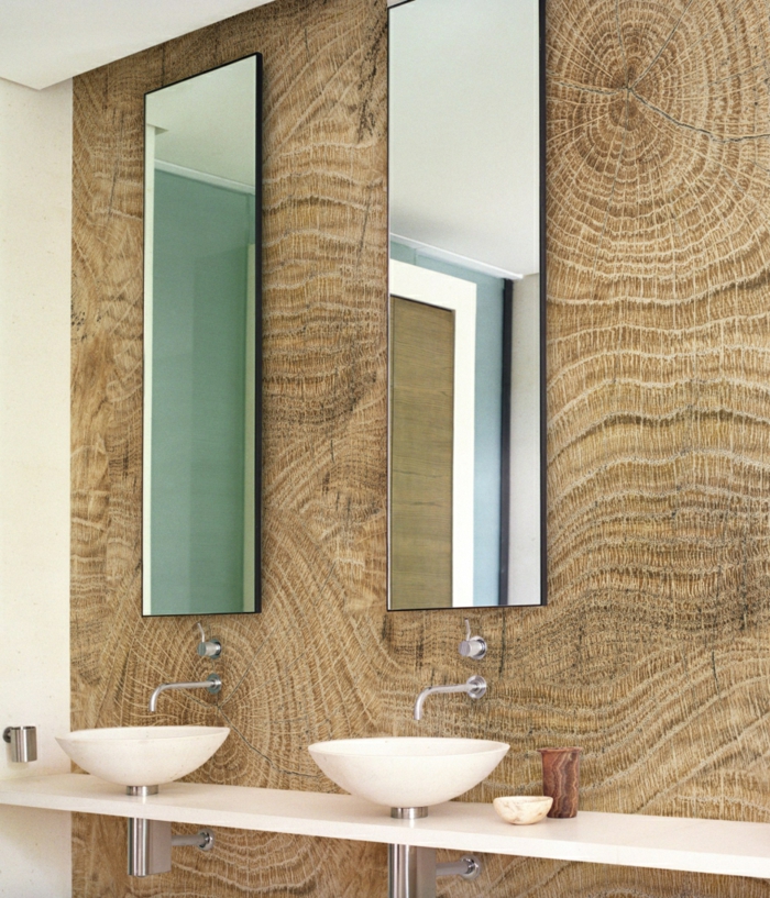 idée salle de bains papier peint imitation bois