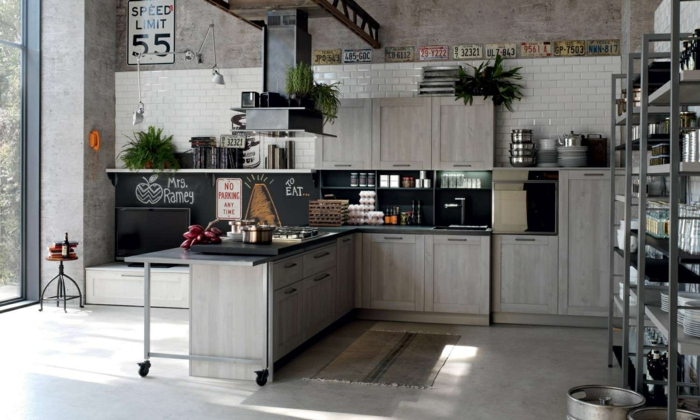 cuisine style industriel murs carreaux métro blancs mobilier en beige gris