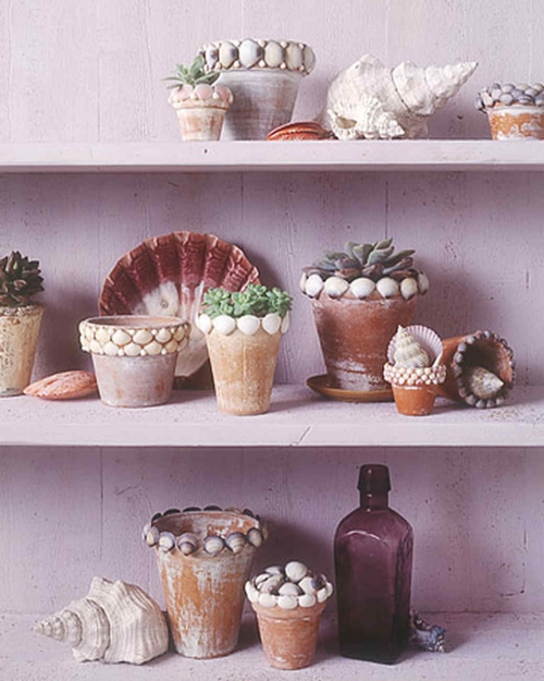 Idées d’artisanat de coquillages étagère décorée de pots aux fleurs