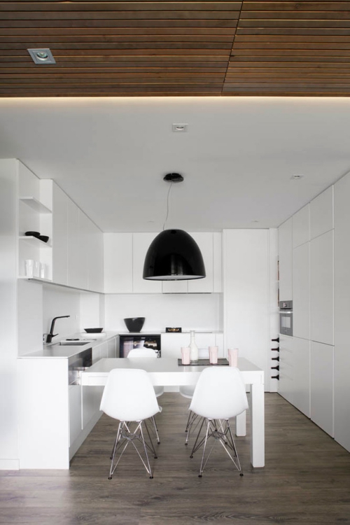 Idées pour cuisine en blanc et noir design espace étroit en blanc