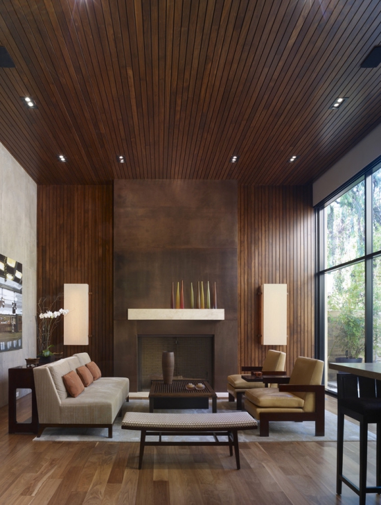 Idées pour décoration design du salon moderne plafond et mur en bois