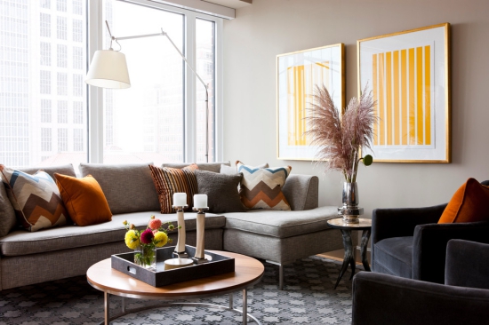 - Idées pour décoration design du salon moderne un canapé gris sur un tapis graphique