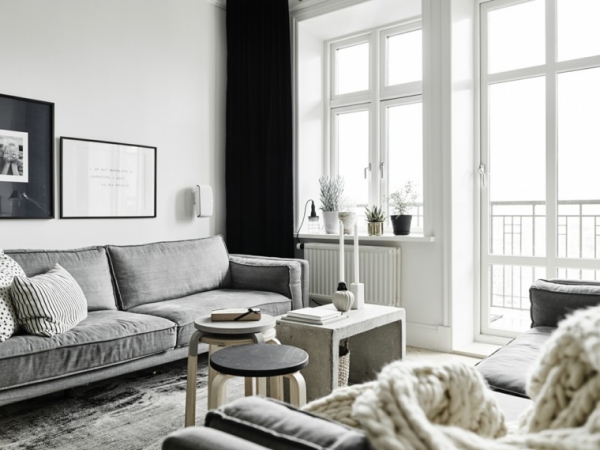 idées pour un salon déco scandinave blanc et noir en simplicité