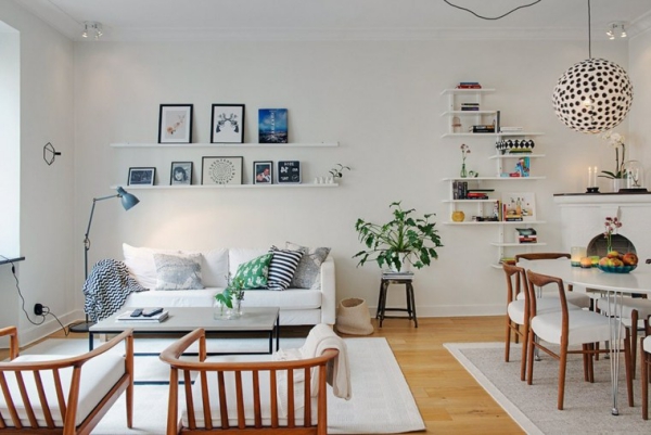 idées pour un salon déco scandinave murs blancs meubles rustique et design