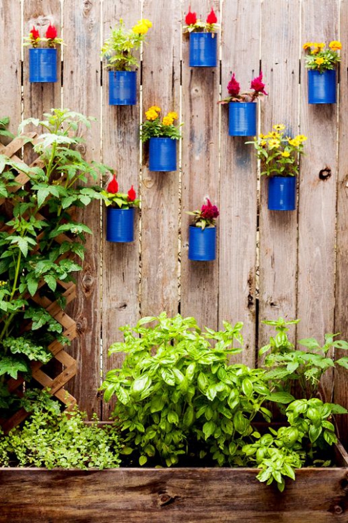 décoration jardinière extérieure clôture en plantes récupérées