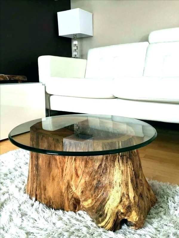 table basse tronc d'arbre plateau en verre