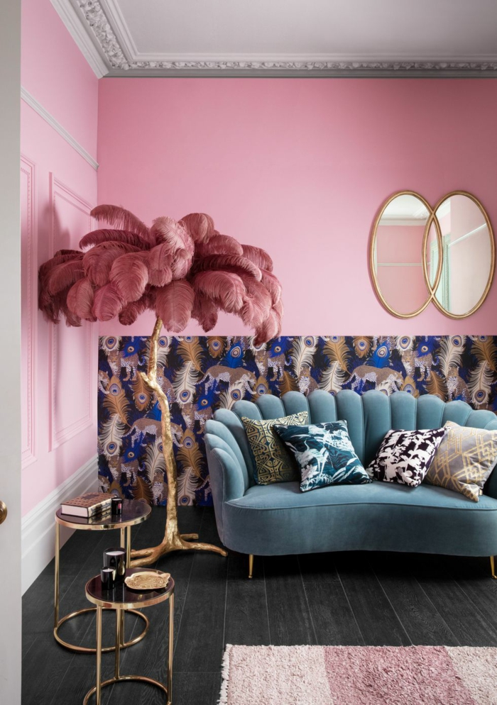 décoration tendance style maximaliste salon rose poudre