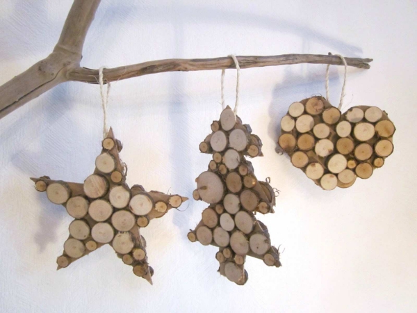 décoration Noël à fabriquer en bois sapin, étoile et coeur