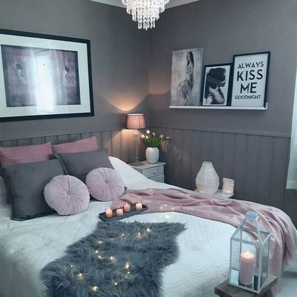 idée déco chambre adulte romantique gris rose et blanc