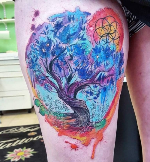 tatouage arbre de vie déco pour la jambe