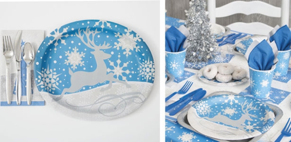 vaisselle jetable Noël ensemble en bleu argenté