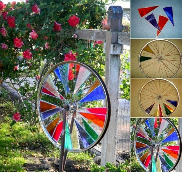 décorer son jardin avec des objets de récupération roue de vélo