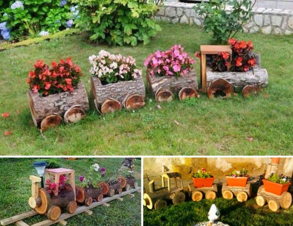 décorer son jardin avec des objets de récupération train en rondins