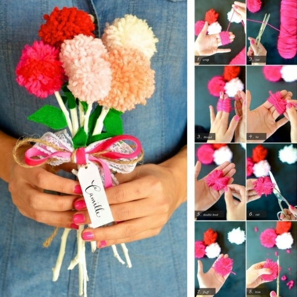 idée cadeau saint valentin fait main bouquet de fleurs en pompons