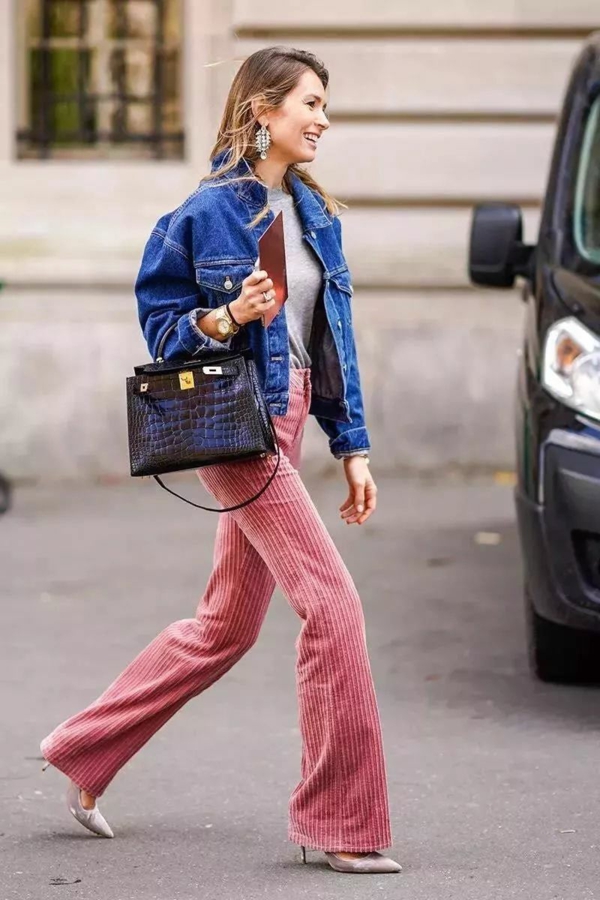 mode femme pantalon rose velours côtelé