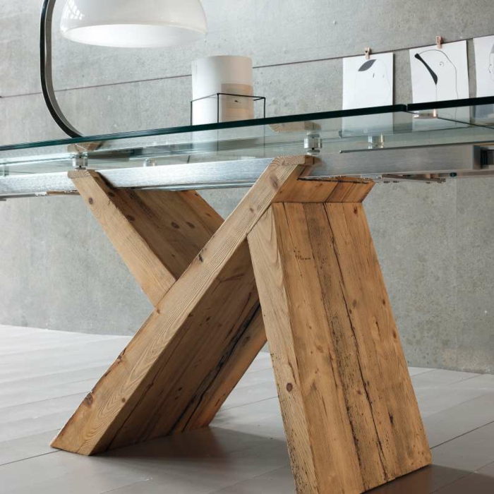 table salle à manger design en verre et bois sapin antique