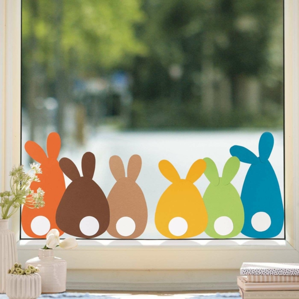 diy lapin en papier coloré déco fenêtre pour pâques
