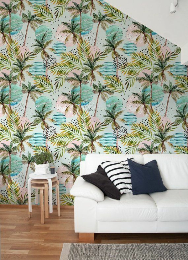 déco jungle salon papier peint à motifs palmiers