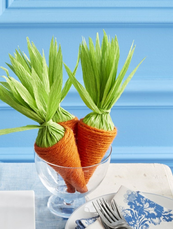 idée activité manuelle pâques diy carottes papier crépon corde