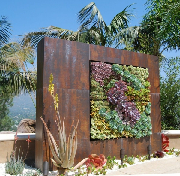 idée déco jardin métal rouillé mur végétal