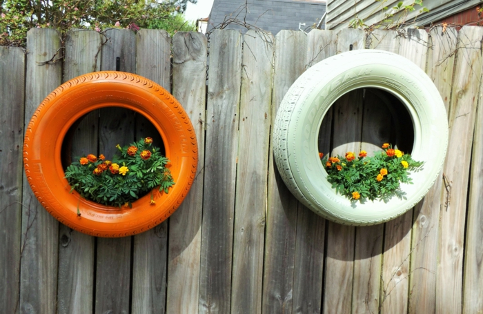 idées recyclage déco jardin récup pneus pour jardinières