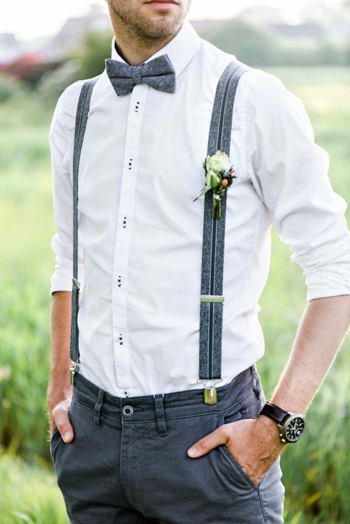 look élégant tenue mariage homme avec bretelles