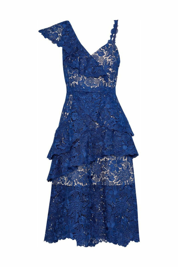 robe invitée mariage tendances 2019 dentelle volants double épaisseur bretelles bleu foncé