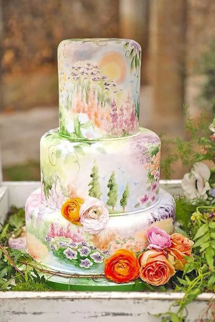 gâteau de mariage peint à la main merveilleux