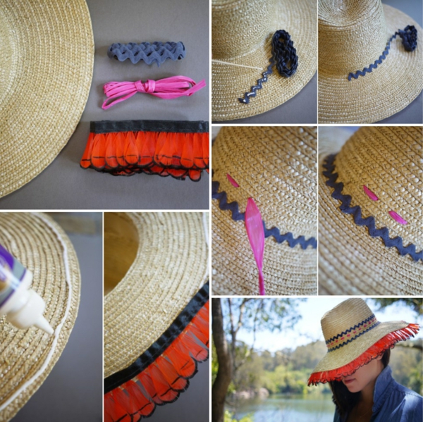 diy chapeau de paille personnalisé décoration différents types de ruban décoratif