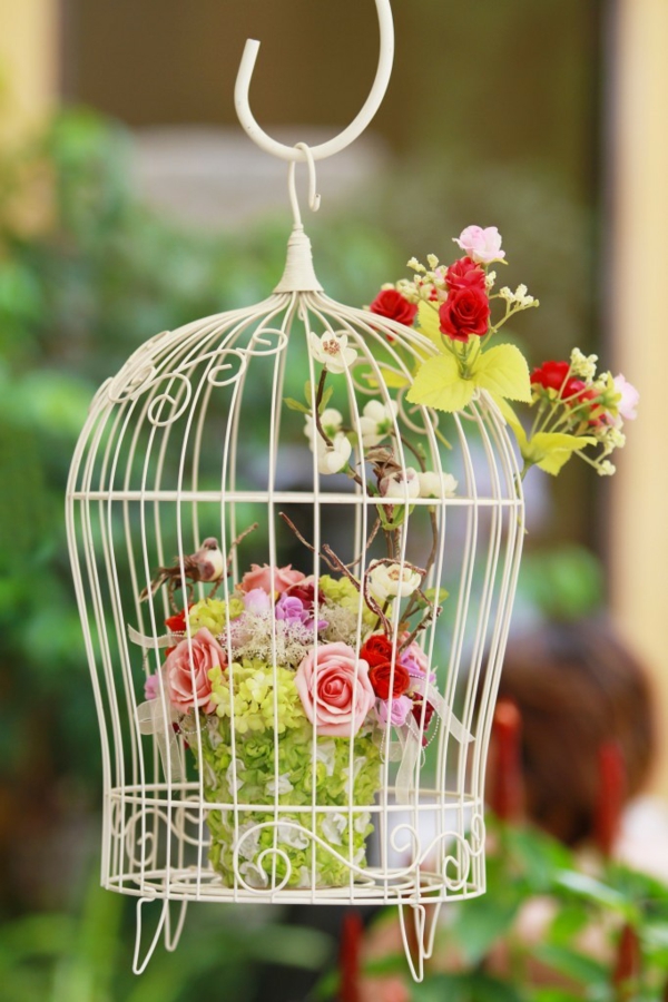 déco cage oiseau fleurs balcon