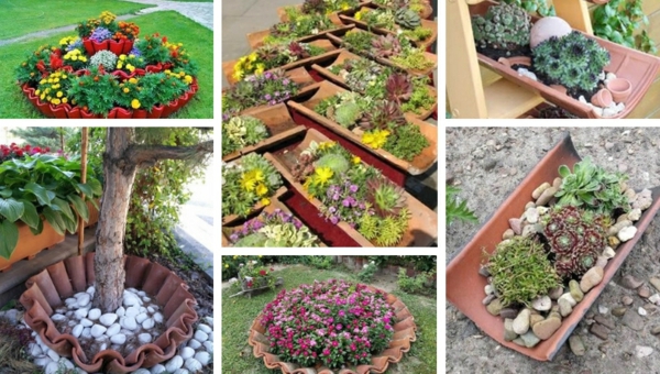 fabriquer déco jardin en tuiles de terre cuite conteneurs de plantes diy